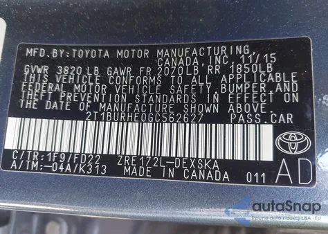 2016 Toyota Corolla S Plus z USA, uszkodzony, nr VIN 2T1BURHE0GC562627